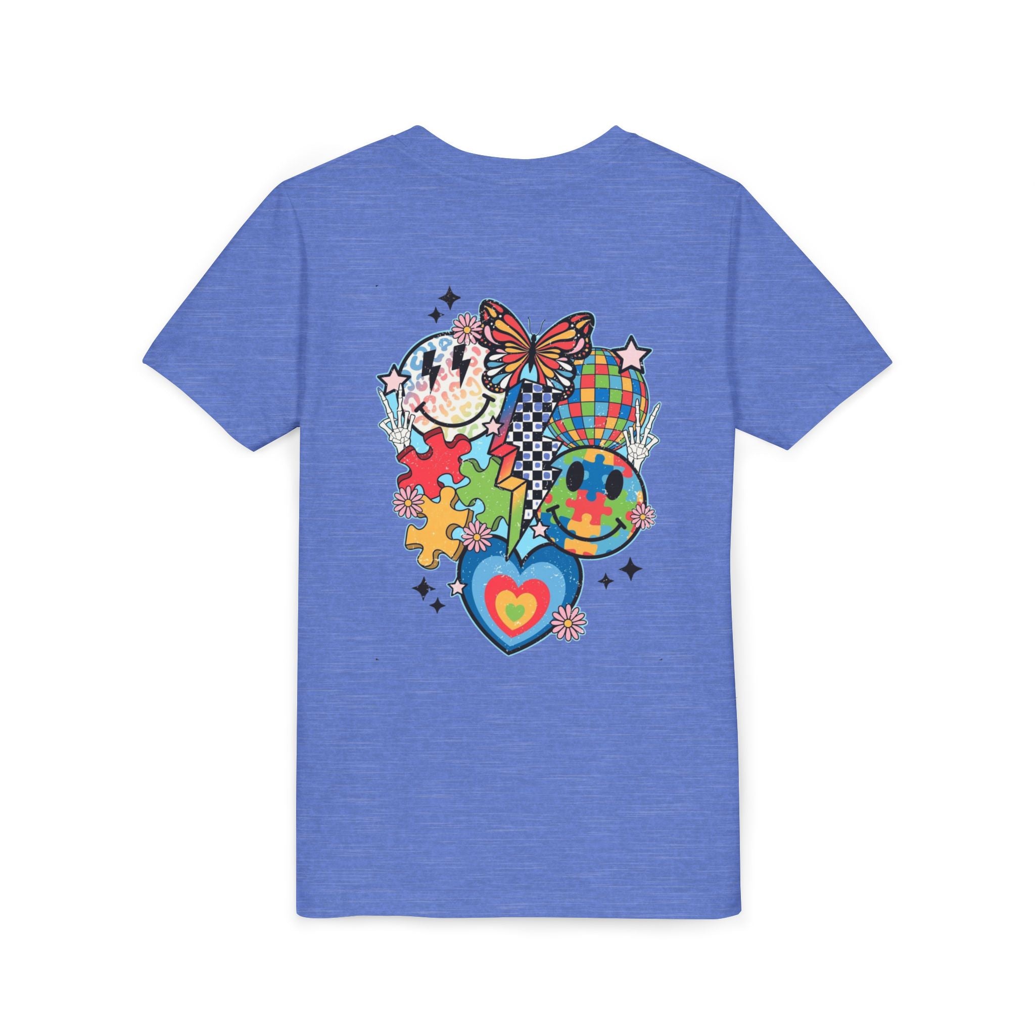Autism Youth Tee — Colorful Retro Smiley, Puzzle & Butterfly Graphic