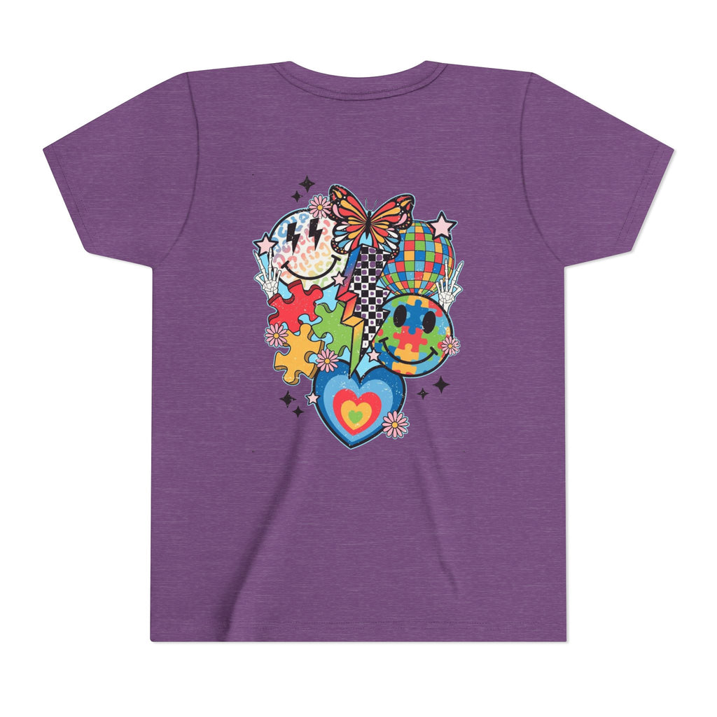 Autism Youth Tee — Colorful Retro Smiley, Puzzle & Butterfly Graphic
