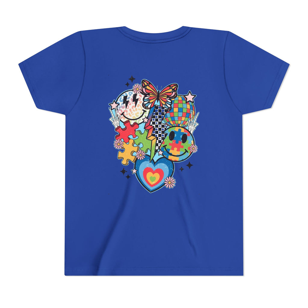 Autism Youth Tee — Colorful Retro Smiley, Puzzle & Butterfly Graphic