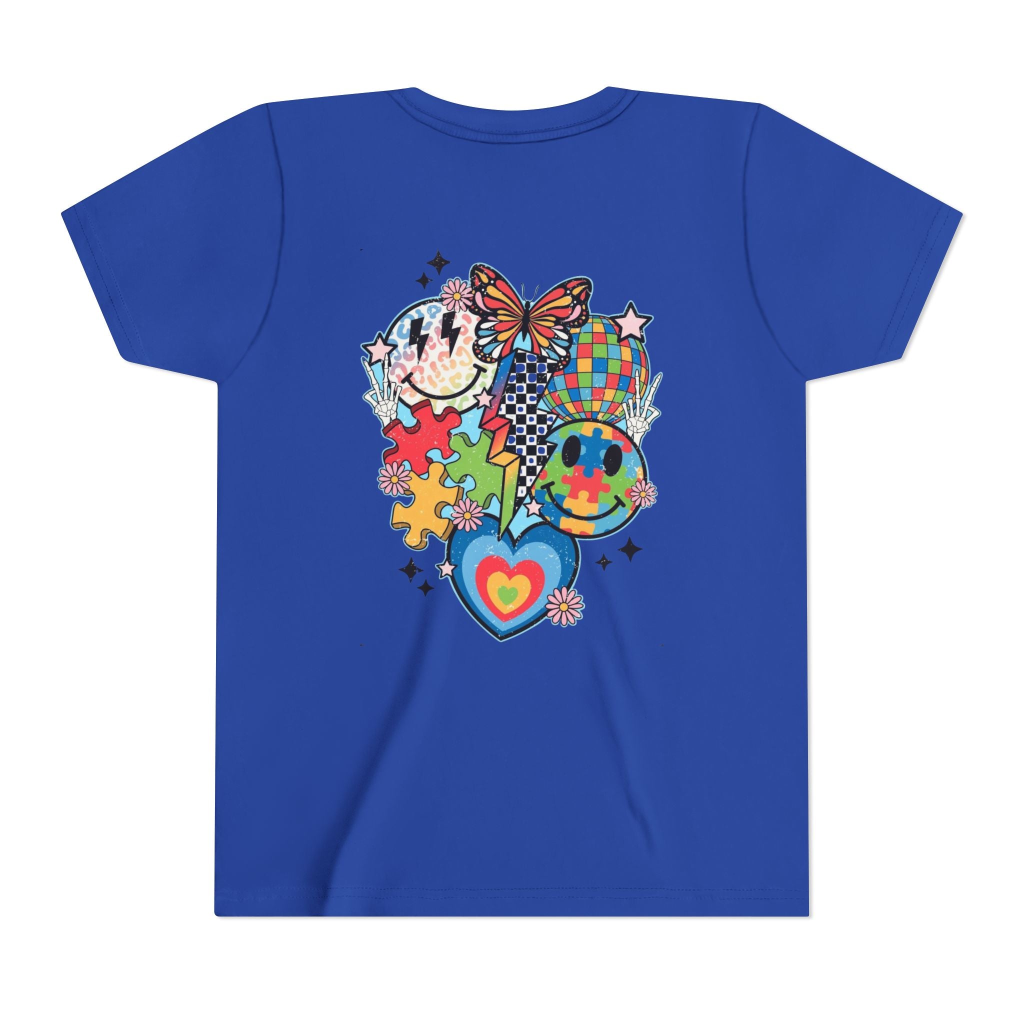 Autism Youth Tee — Colorful Retro Smiley, Puzzle & Butterfly Graphic