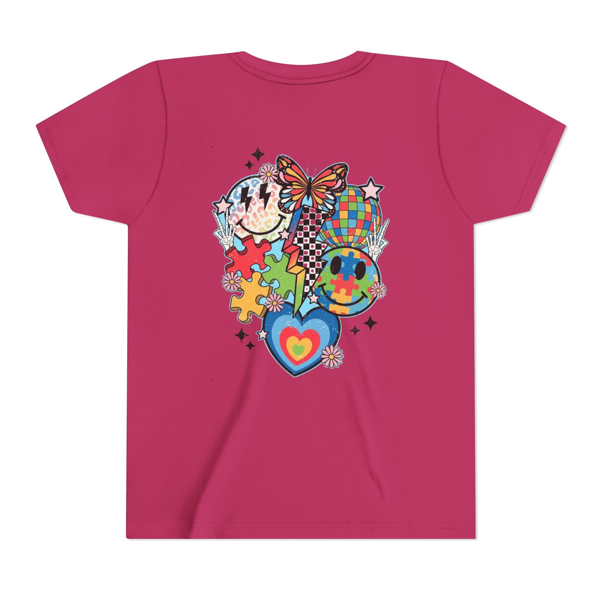 Autism Youth Tee — Colorful Retro Smiley, Puzzle & Butterfly Graphic