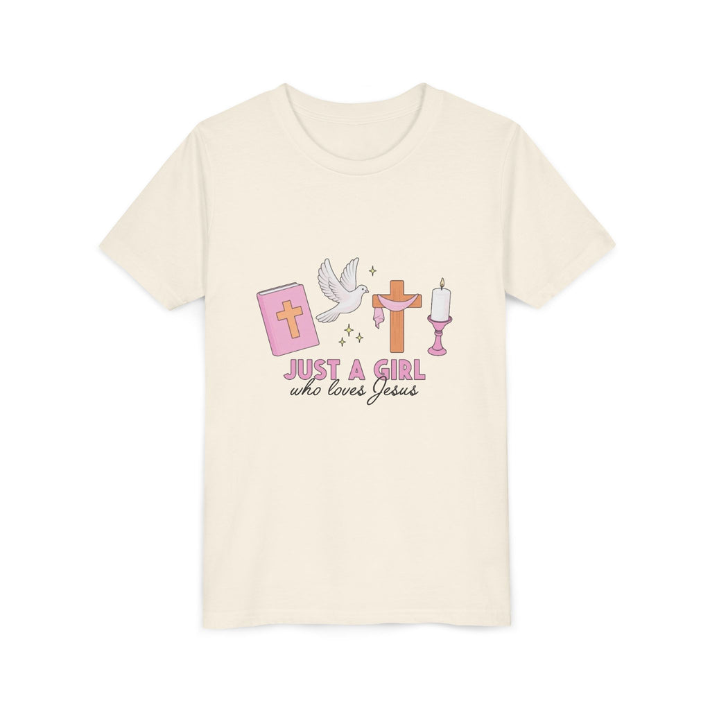Youth Tee — "Just A Girl Who Loves Jesus" Christian Kids T‑Shirt (Baptism/Church Gift)