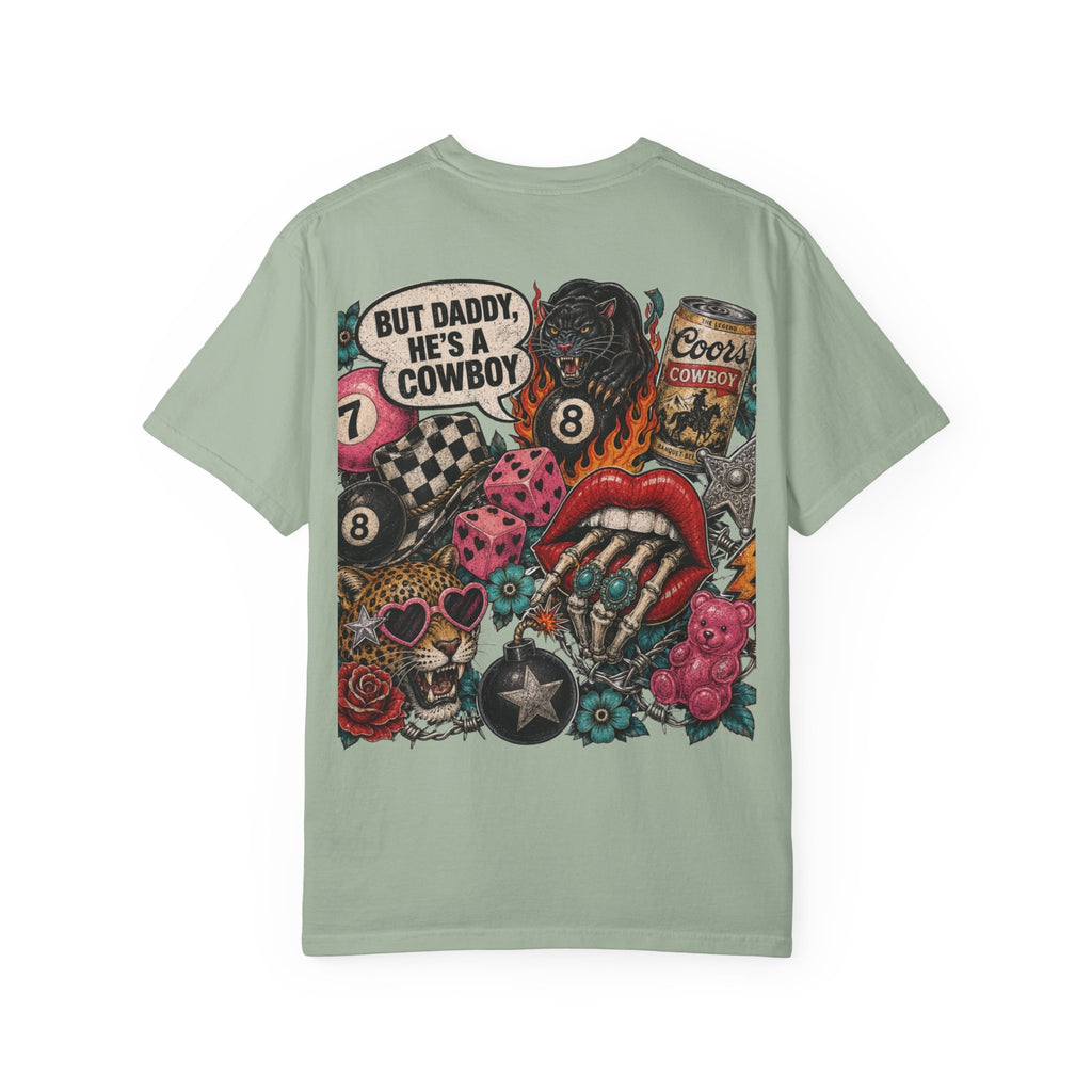 Graphic T-Shirt — Retro Tattoo Collage Back Print (“But Daddy, He’s a Cowboy”)