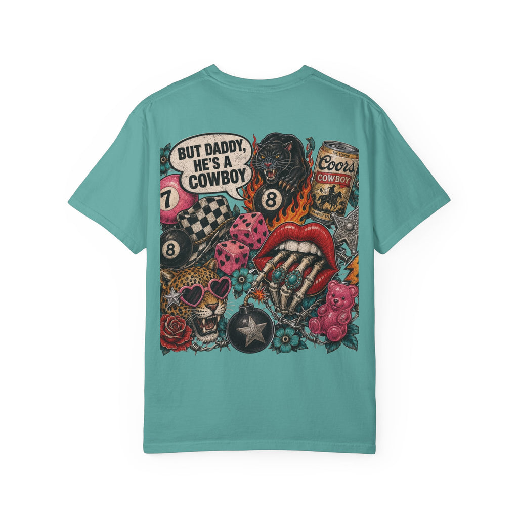 Graphic T-Shirt — Retro Tattoo Collage Back Print (“But Daddy, He’s a Cowboy”)