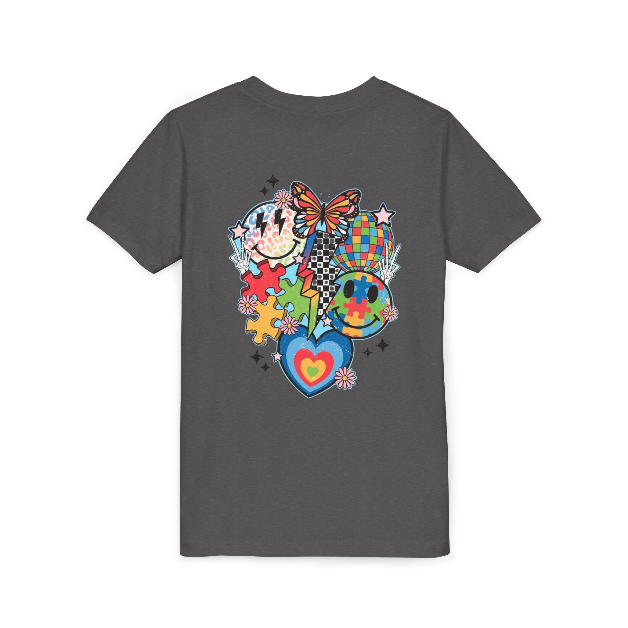 Autism Youth Tee — Colorful Retro Smiley, Puzzle & Butterfly Graphic