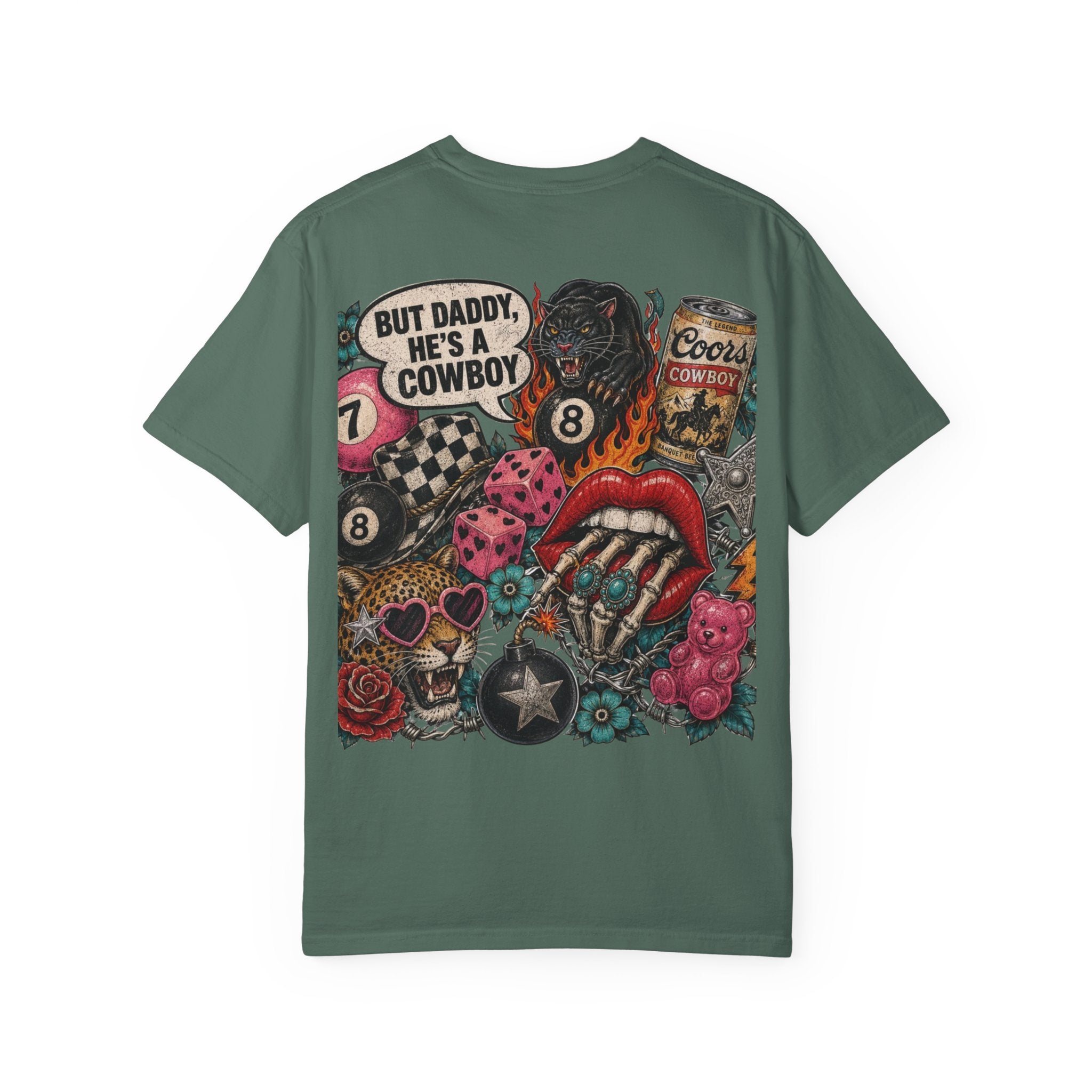 Graphic T-Shirt — Retro Tattoo Collage Back Print (“But Daddy, He’s a Cowboy”)