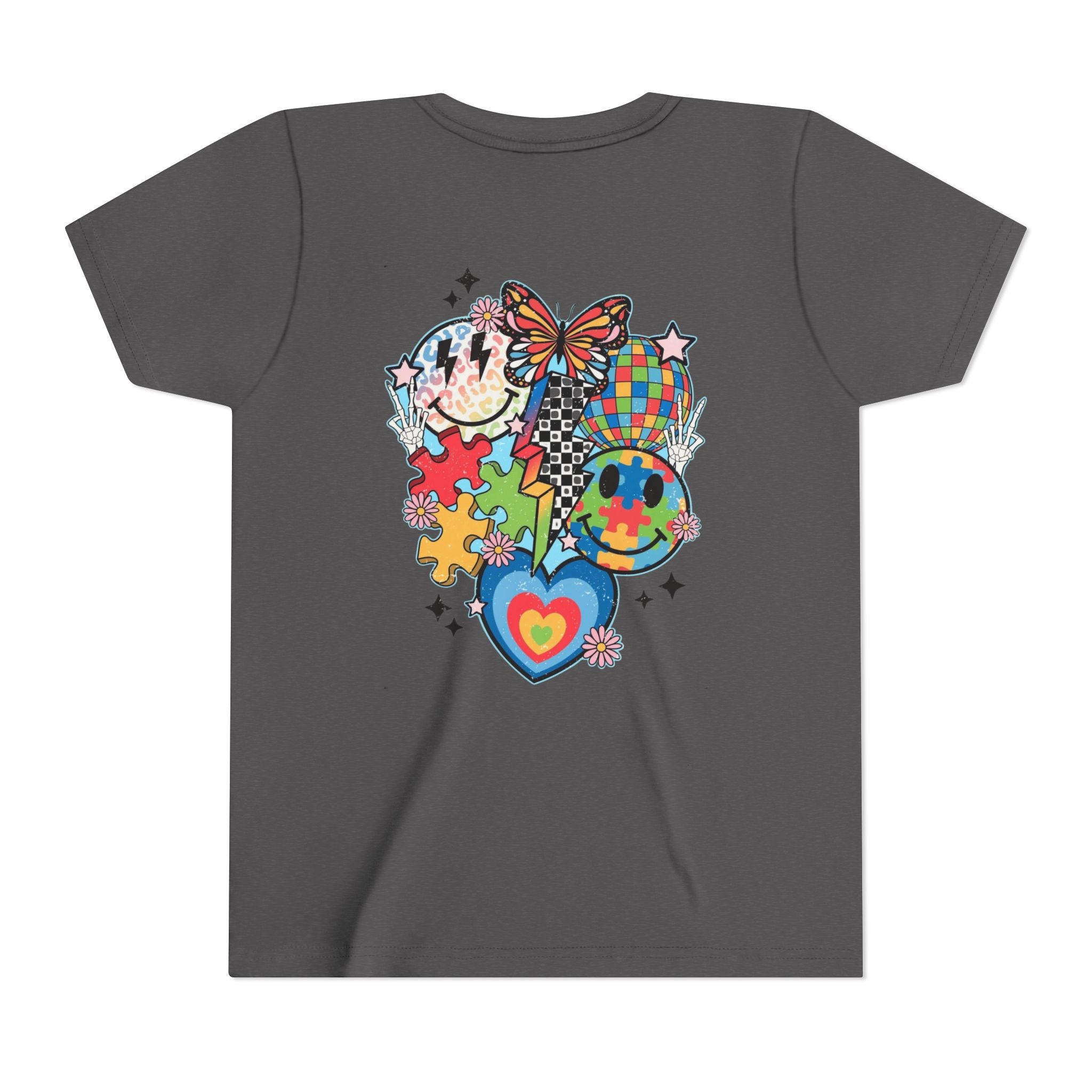 Autism Youth Tee — Colorful Retro Smiley, Puzzle & Butterfly Graphic