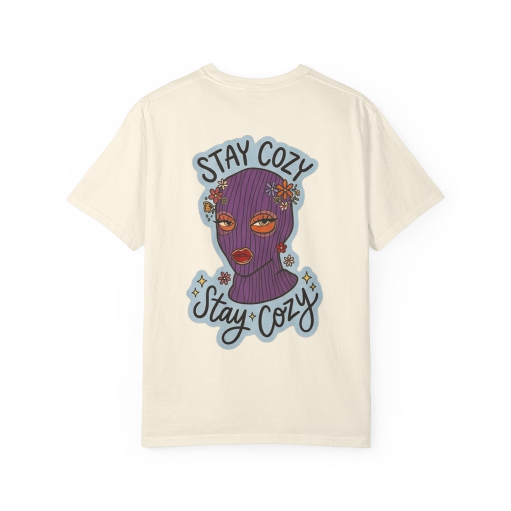Stay Cozy Graphic T-Shirt — Retro Floral Ski Mask Design