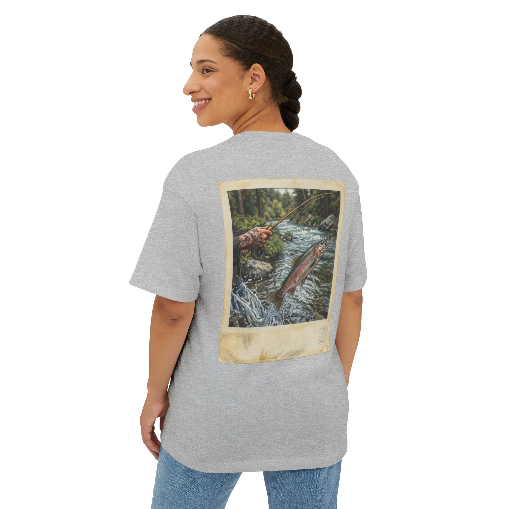Fishing Polaroid Oversized Tee — Vintage Trout Back Print