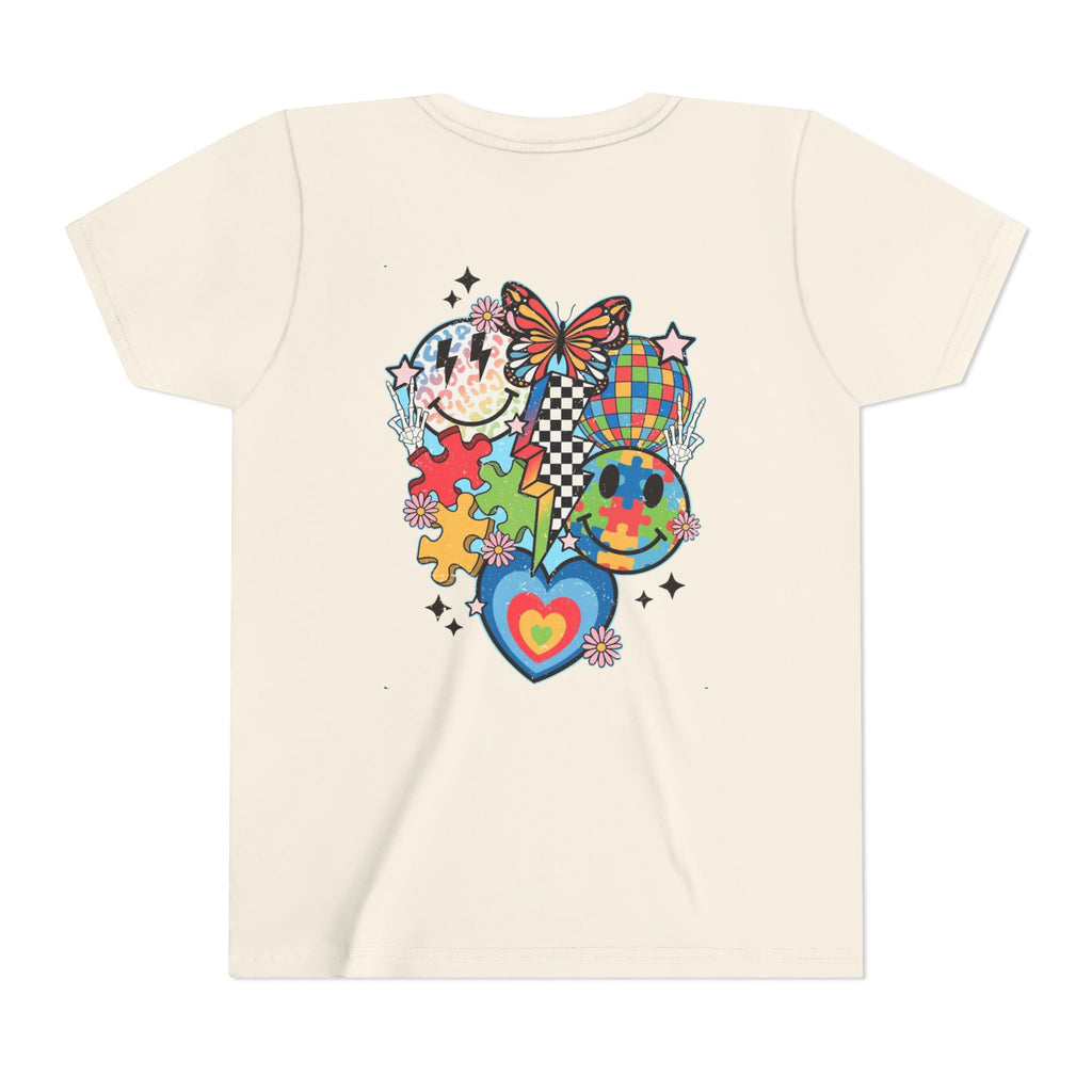 Autism Youth Tee — Colorful Retro Smiley, Puzzle & Butterfly Graphic