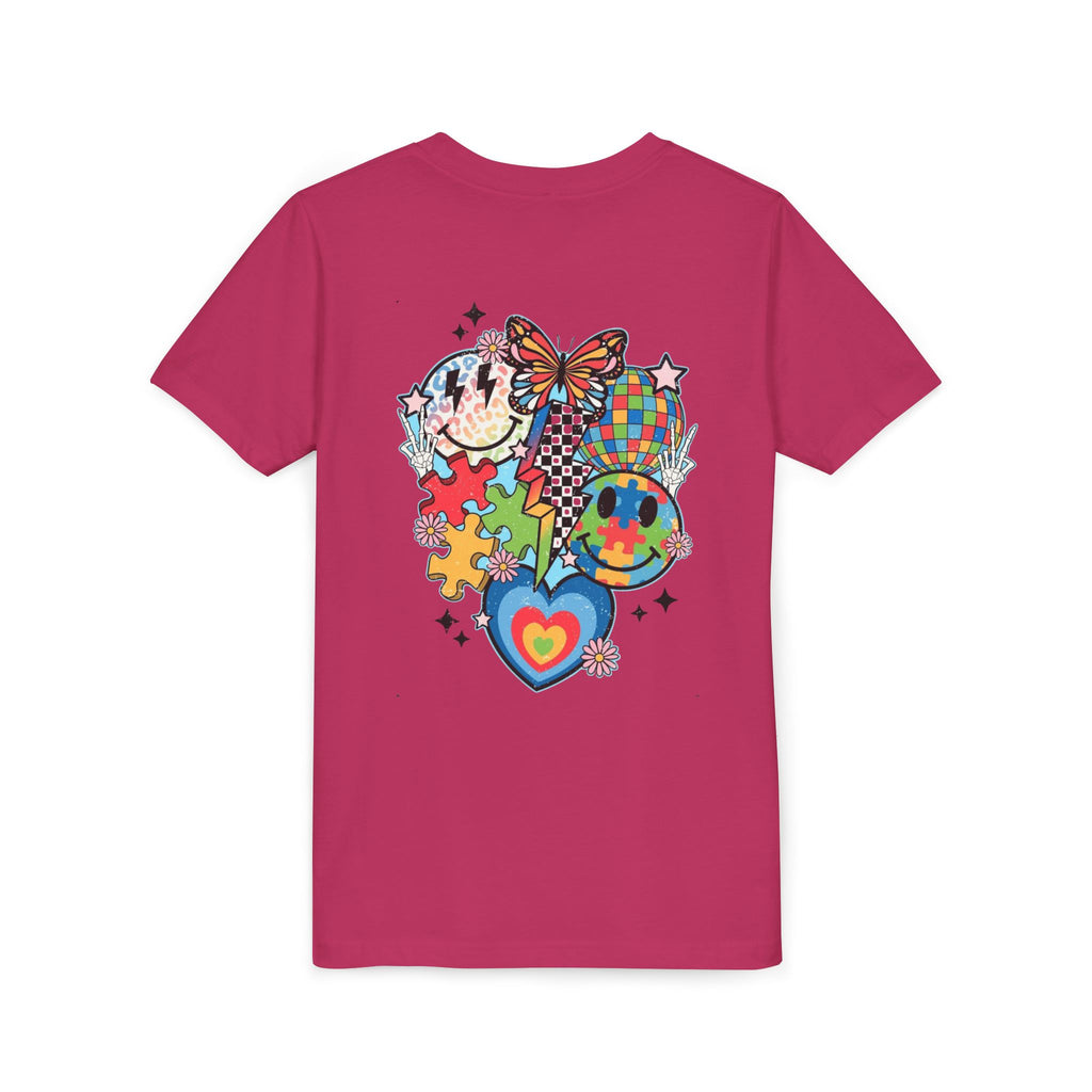 Autism Youth Tee — Colorful Retro Smiley, Puzzle & Butterfly Graphic