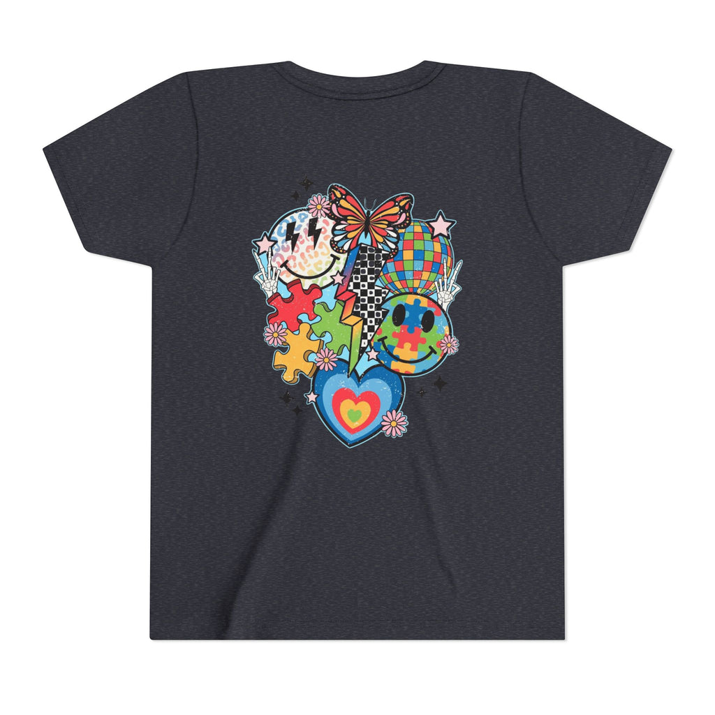 Autism Youth Tee — Colorful Retro Smiley, Puzzle & Butterfly Graphic