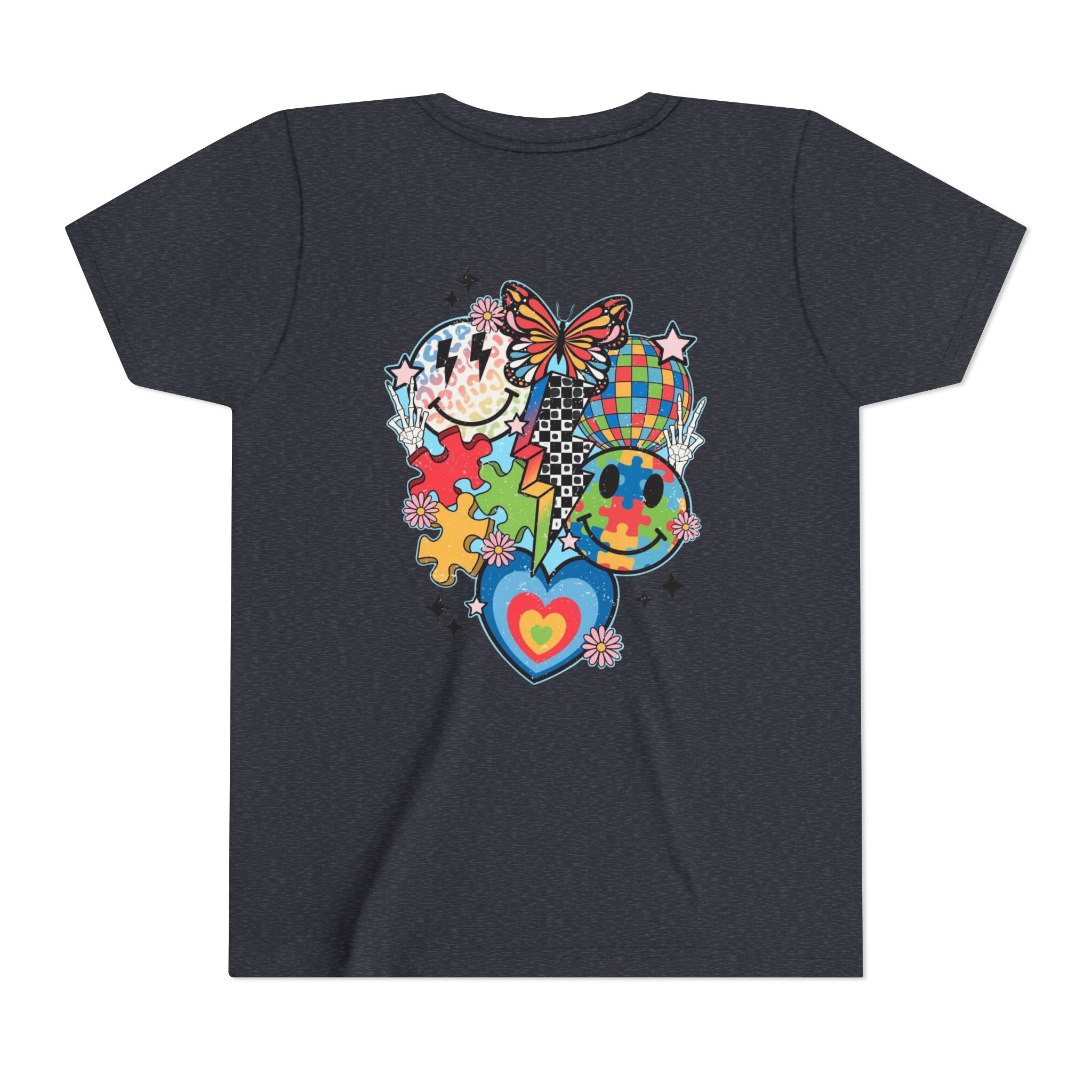 Autism Youth Tee — Colorful Retro Smiley, Puzzle & Butterfly Graphic