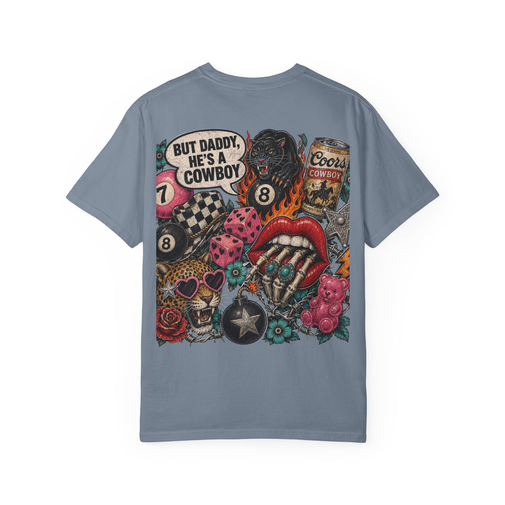 Graphic T-Shirt — Retro Tattoo Collage Back Print (“But Daddy, He’s a Cowboy”)