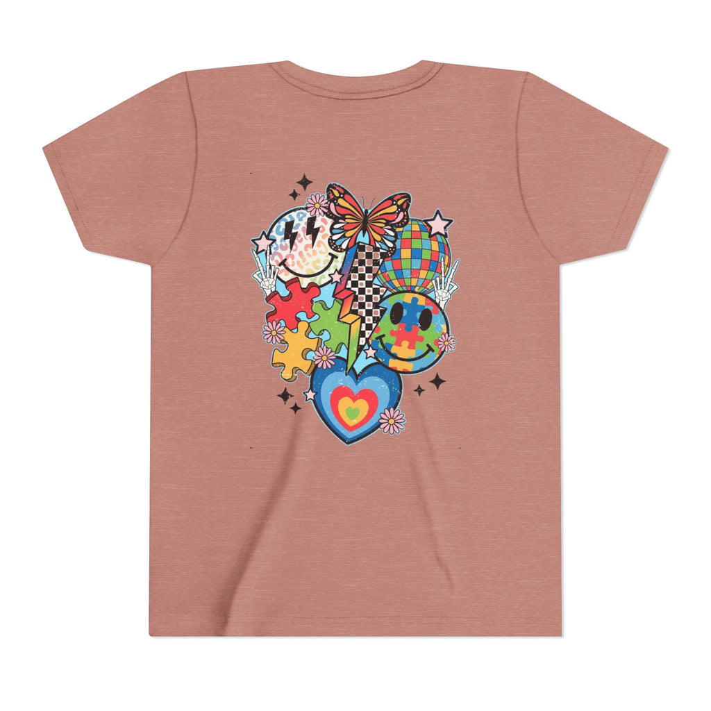 Autism Youth Tee — Colorful Retro Smiley, Puzzle & Butterfly Graphic