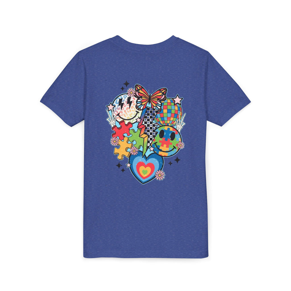 Autism Youth Tee — Colorful Retro Smiley, Puzzle & Butterfly Graphic