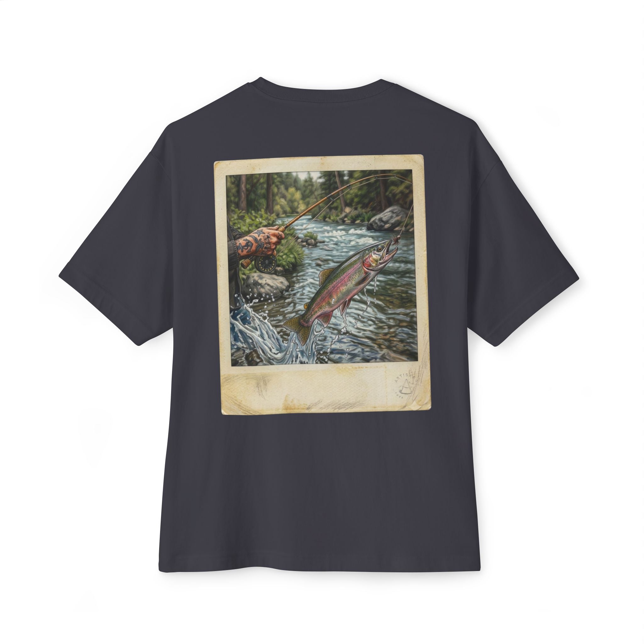 Fishing Polaroid Oversized Tee — Vintage Trout Back Print