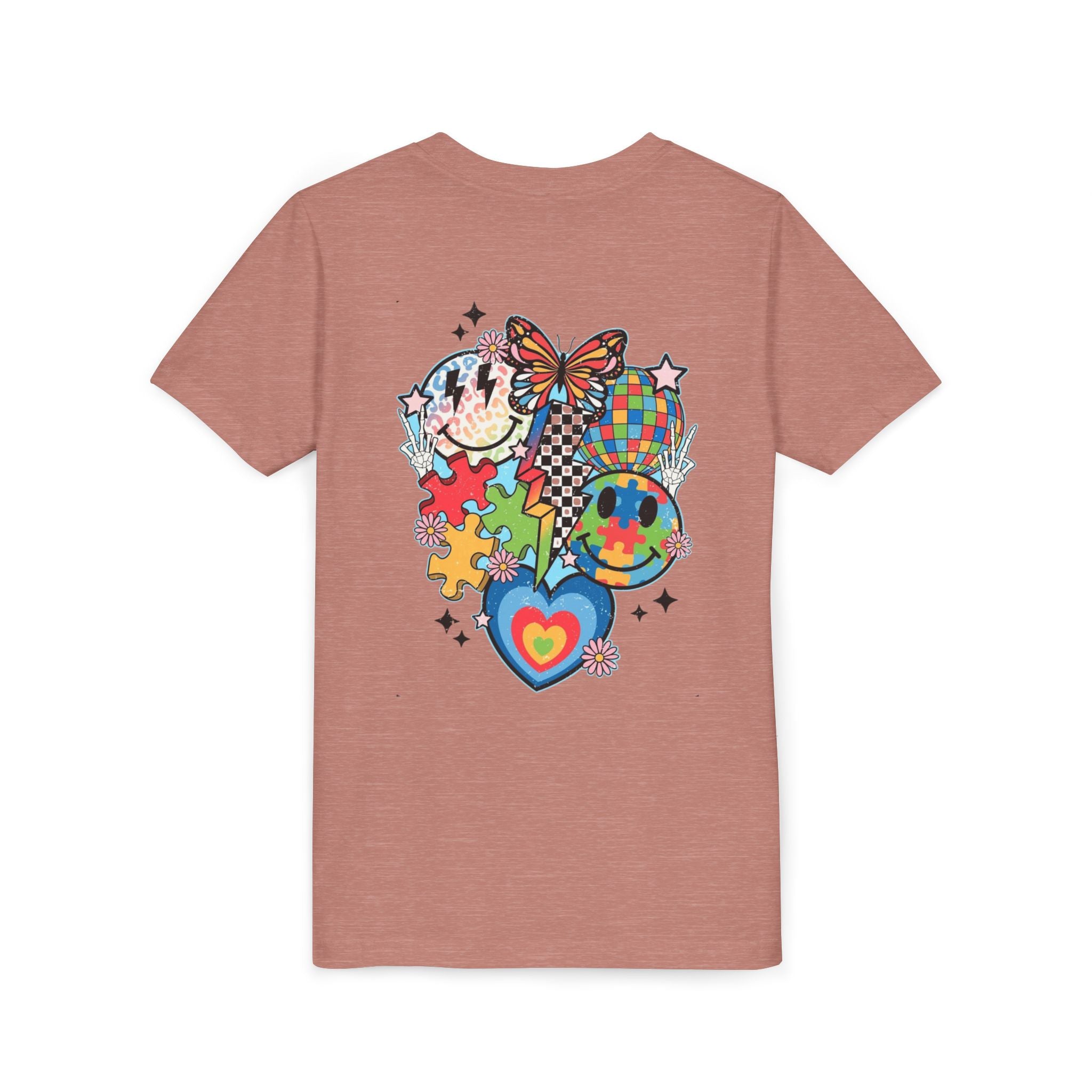 Autism Youth Tee — Colorful Retro Smiley, Puzzle & Butterfly Graphic