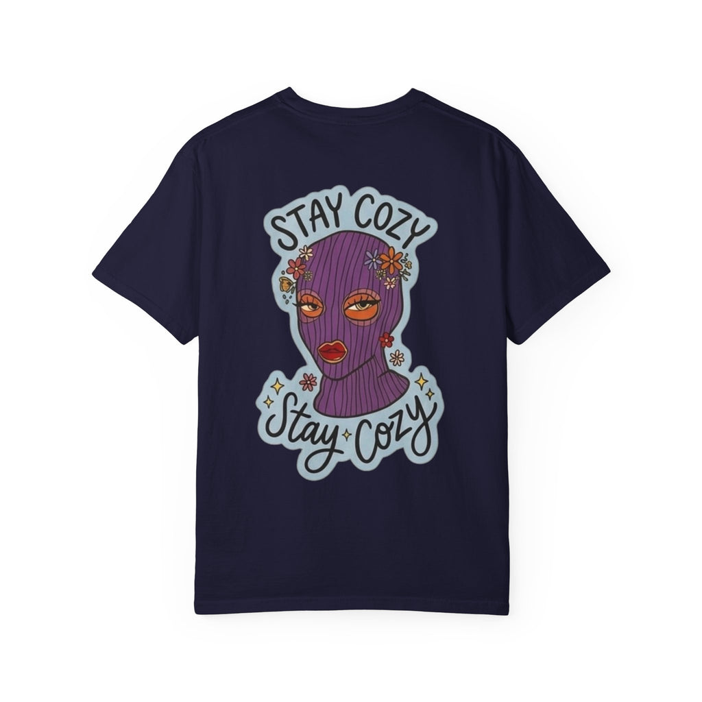 Stay Cozy Graphic T-Shirt — Retro Floral Ski Mask Design
