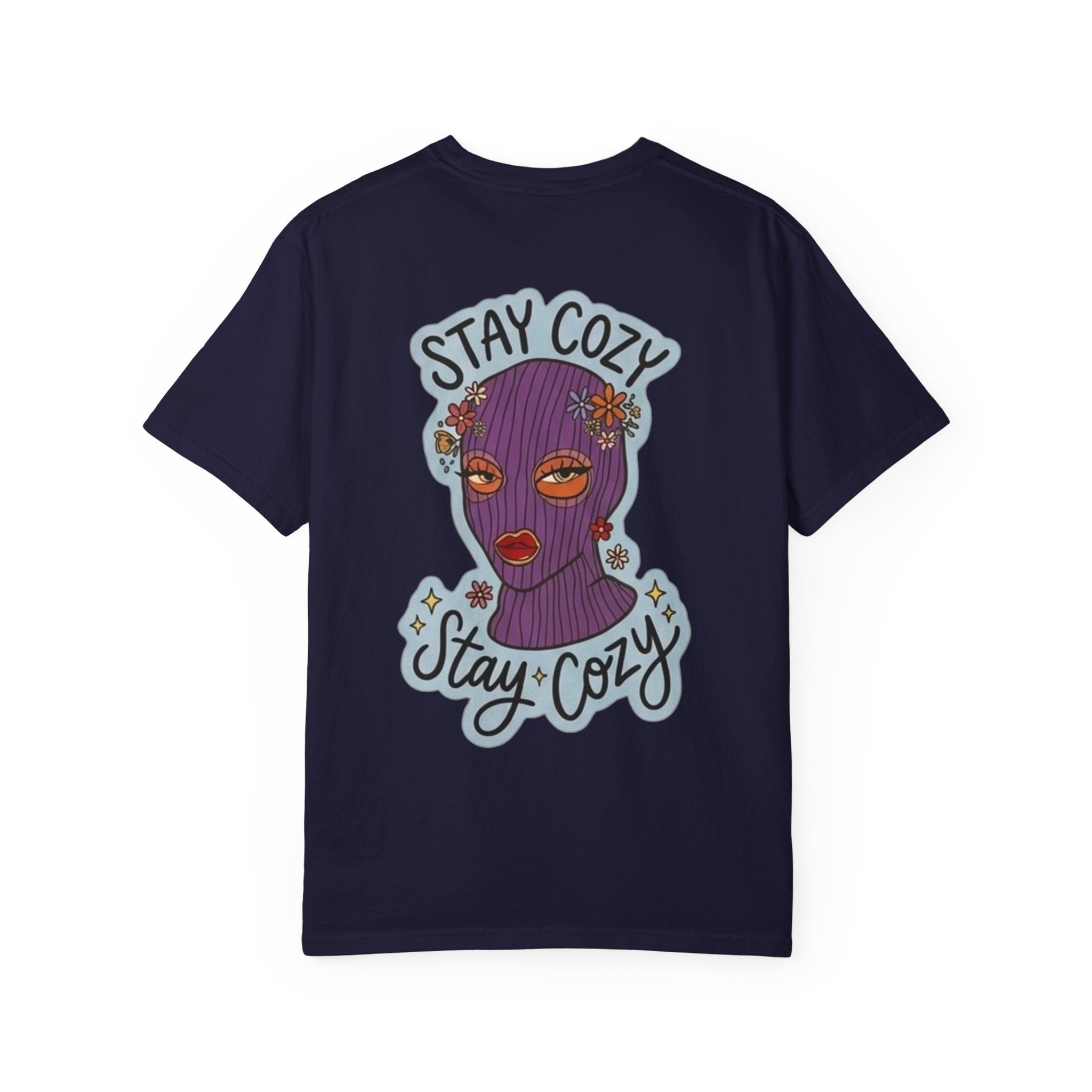 Stay Cozy Graphic T-Shirt — Retro Floral Ski Mask Design